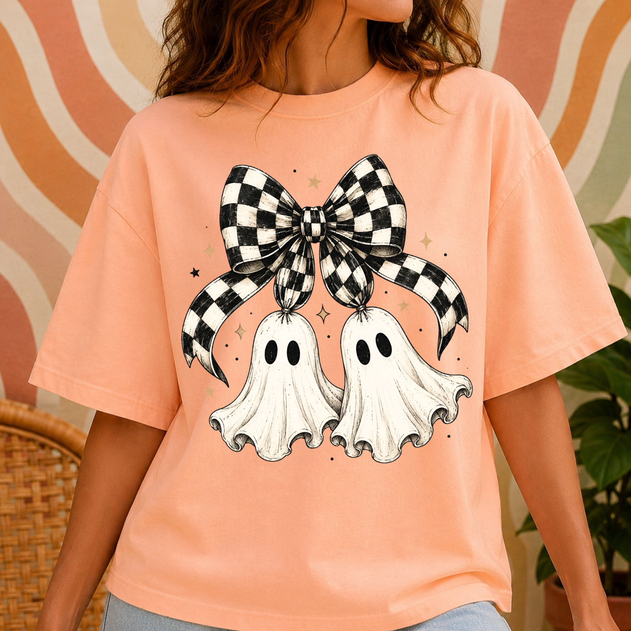 GRUNGE CHECKERED BOW GHOSTS - DTF TRANSFER