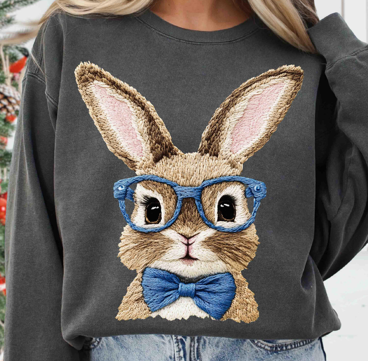 BLUE FAUX EMBROIDERY BUNNY - DTF TRANSFER