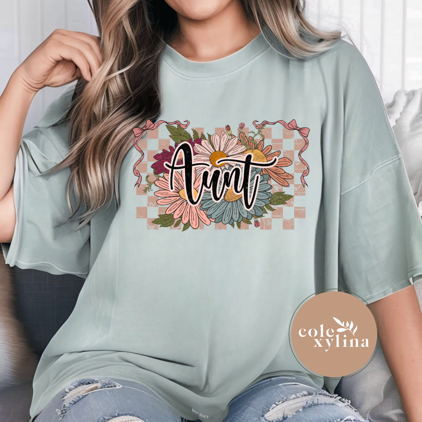 VINTAGE PINK CHECKERED FLORAL AUNT - DTF TRANSFER