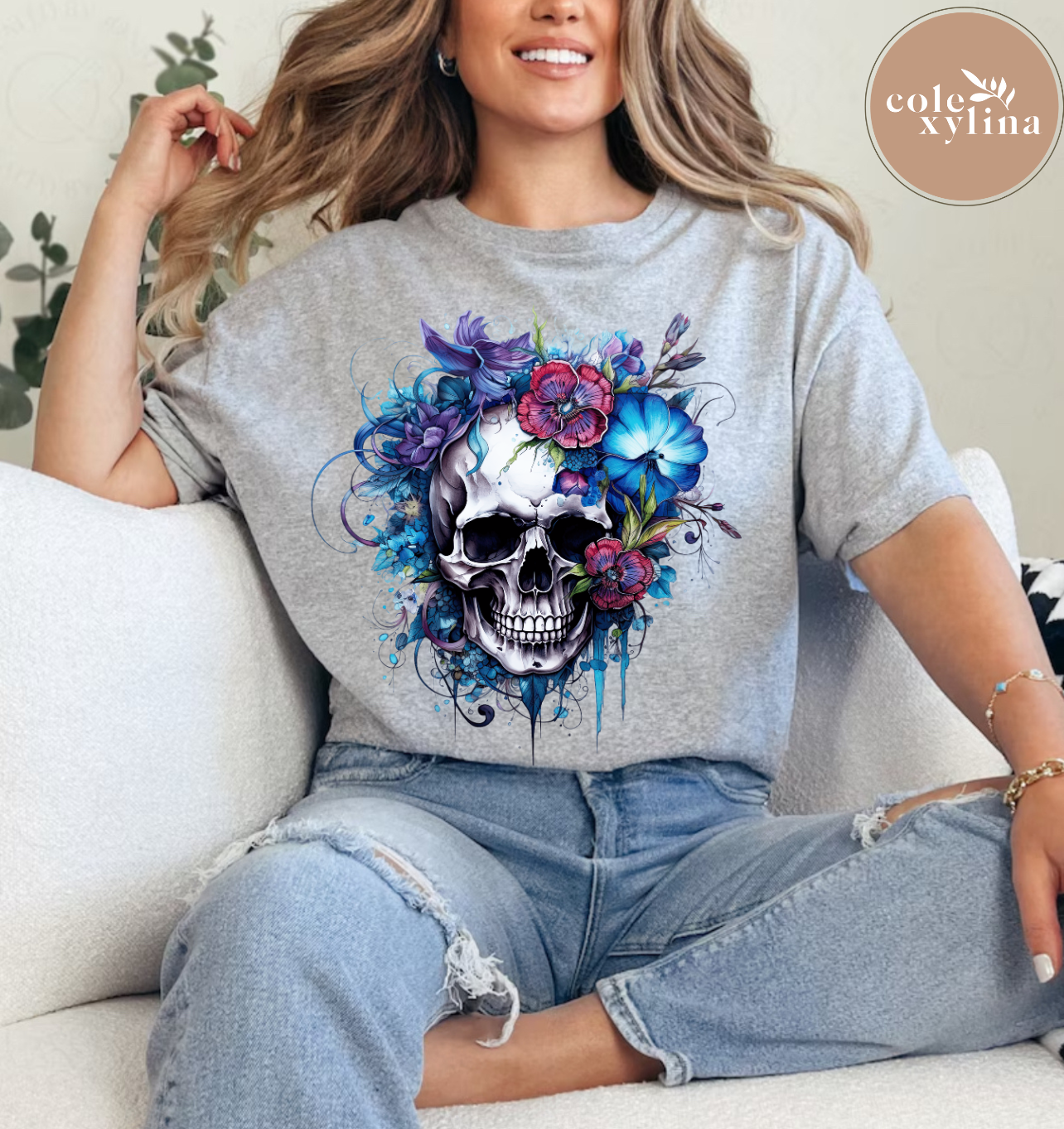 DTF TRANSFER - SUGAR SKULL BLUE FLORAL DRIP