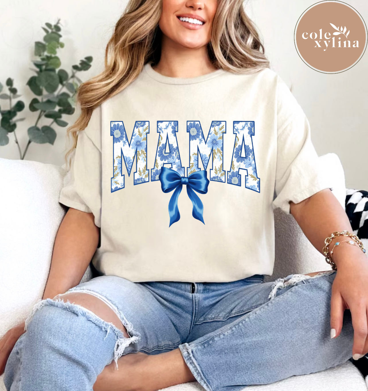 BLUE FLORAL FAUX LACE MAMA - SHIRT