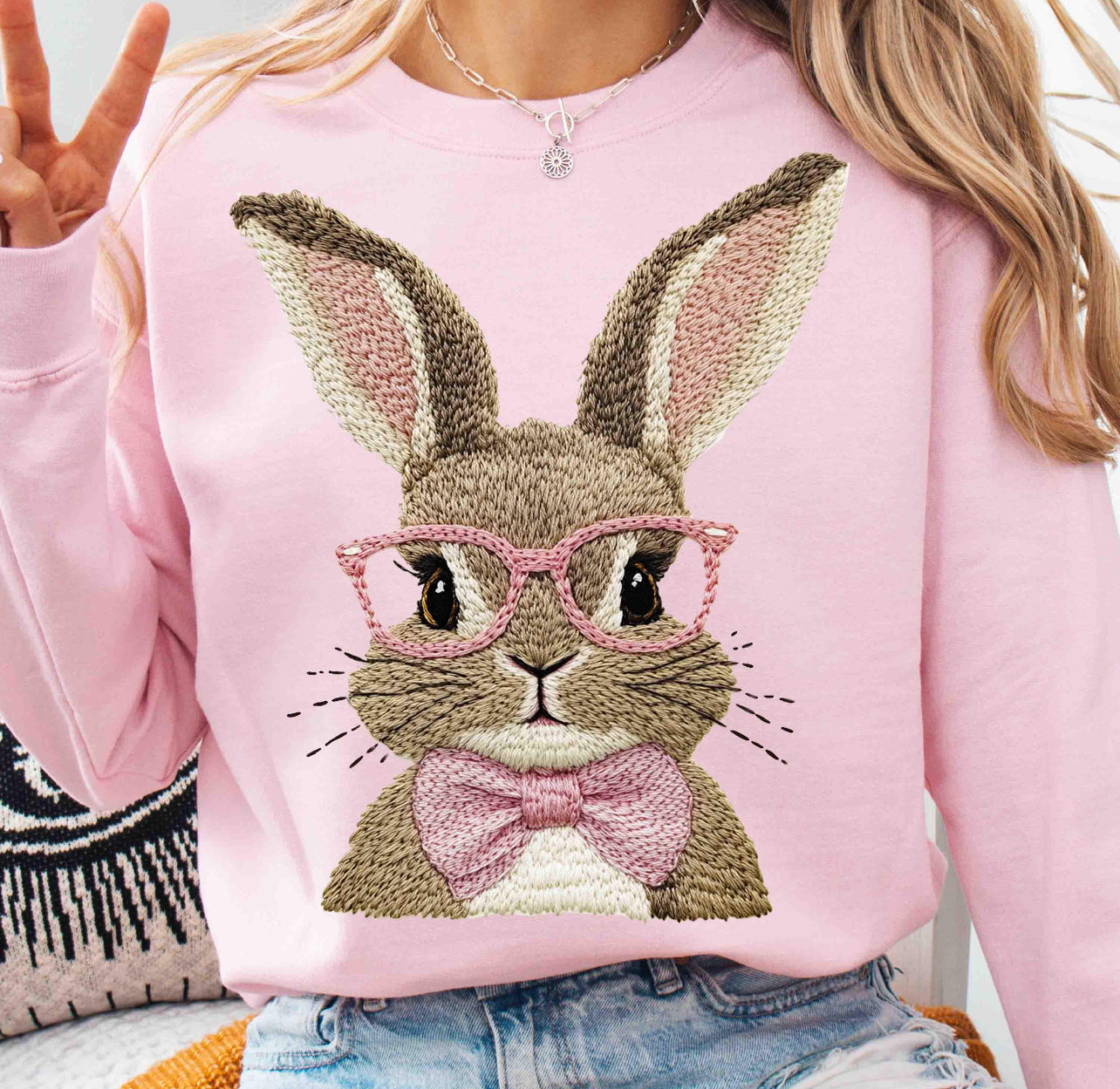 FAUX EMBROIDERY EASTER BUNNY PINK - DTF TRANSFER