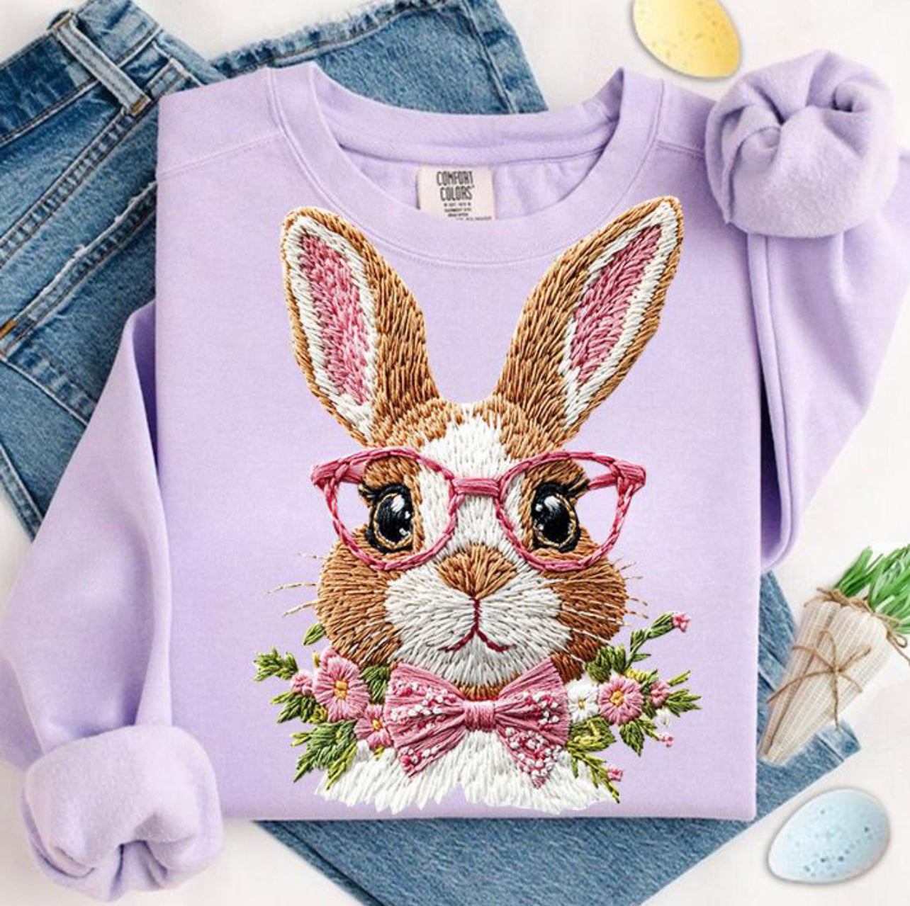 EASTER BUNNY FAUX EMBROIDERY PINK BOW - DTF TRANSFER