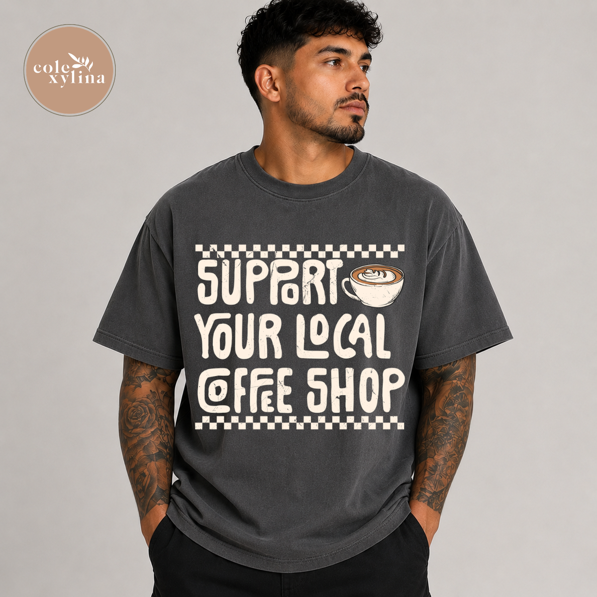 CHECKERED SUPPORT YOUR LOCAL COFFEE SHOP CREAM - DTF TRANSFER