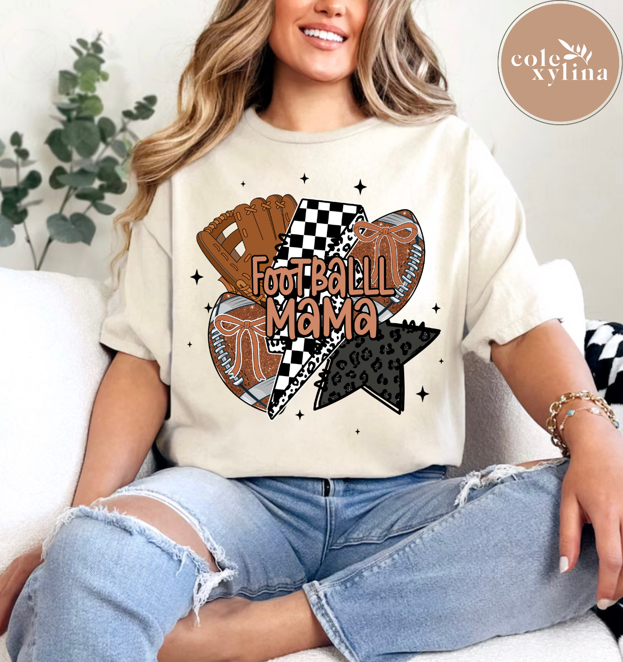 FOOTBALL MAMA CHECKERED BOLT - DTF TRANSFER