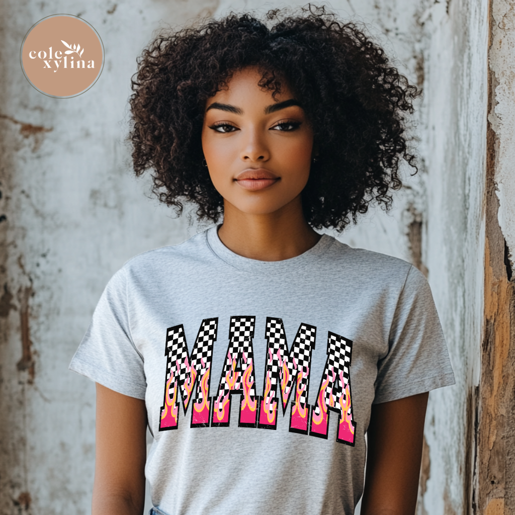 PINK FLAME CHECKERED MAMA - DTF TRANSFER