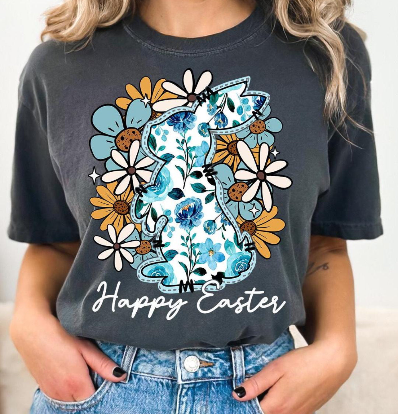 WATER COLOR BLUE FLORAL BUNNY - DTF TRANSFER