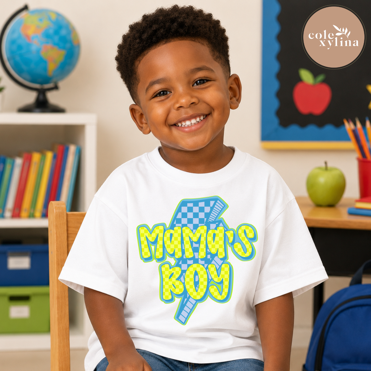 BLUE CHECKERED BOLT MAMA’S BOY - DTF TRANSFER