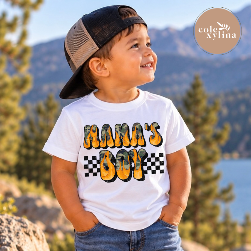 CHECKERED CAMO FLAME MAMA’S BOY - DTF TRANSFER
