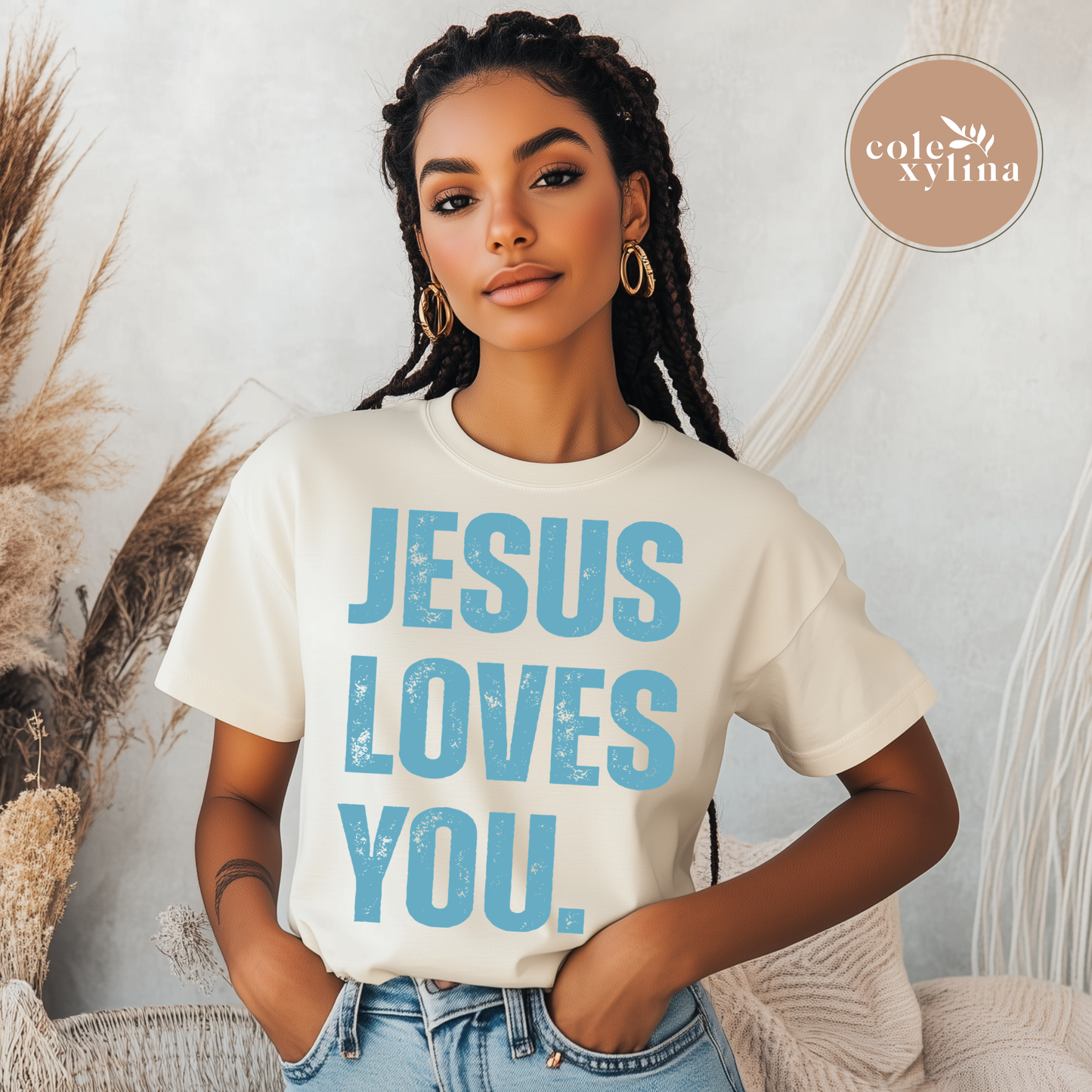 GRUNGE JESUS LOVES YOU BLUE - DTF TRANSFER
