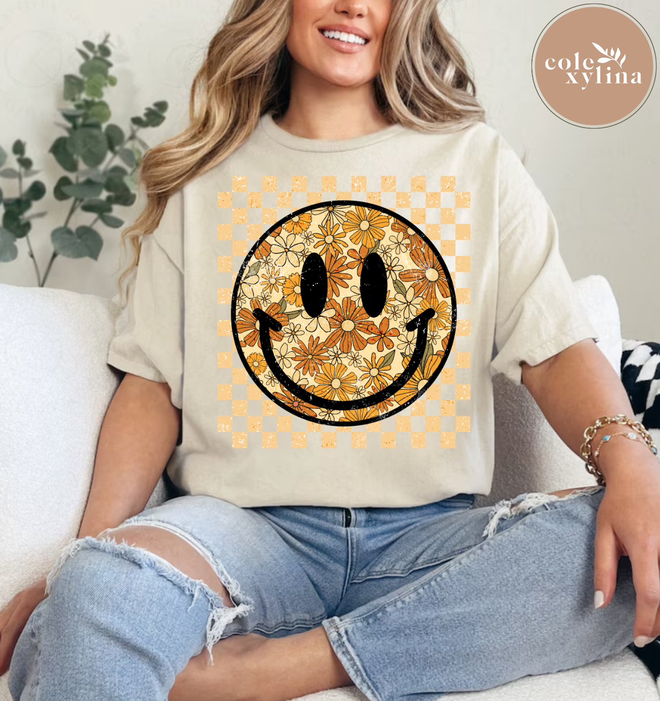 DTF TRANSFER - FLORAL RETRO CHECKERED SMILE