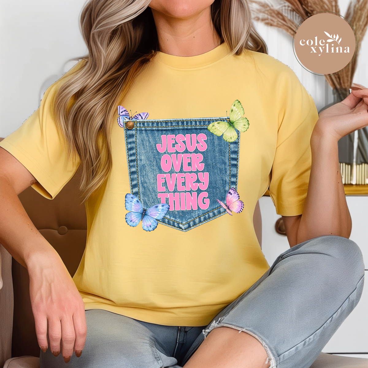 BUTTERFLIES JEAN POCKET JESUS OVER EVERYTHING - DTF TRANSFER