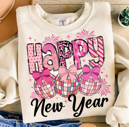 PINK DISCO BALLS HAPPY NEW YEAR - DTF TRANSFER