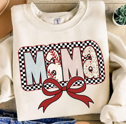 RETRO BASEBALL MAMA RED BOW - DTF TRANSFER