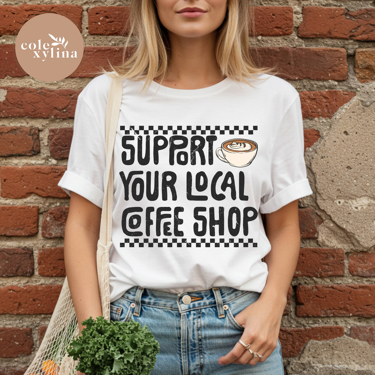 CHECKERED SUPPORT YOUR LOCAL COFFEE SHOP BLACK - DTF TRANSFER