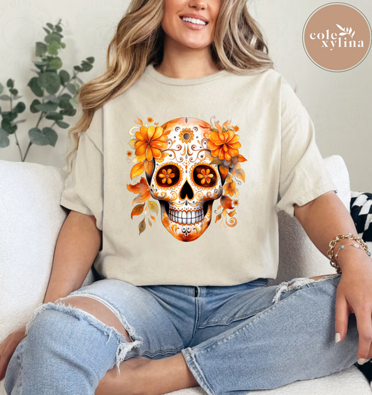 DTF TRANSFER - SUGAR SKULL ORANGE FLORAL