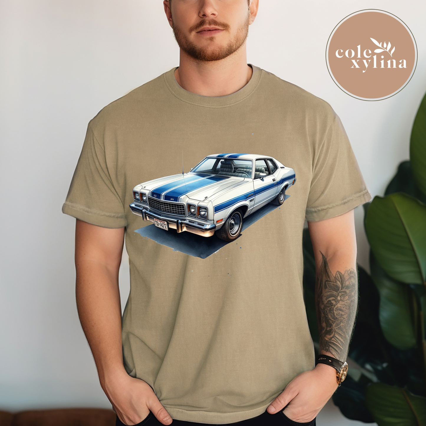 WHITE BLUE STRIPE MUSCLE CAR - DTF TRANSFER