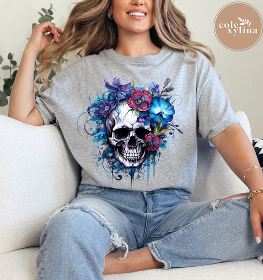 DTF TRANSFER - SUGAR SKULL BLUE FLORAL DRIP