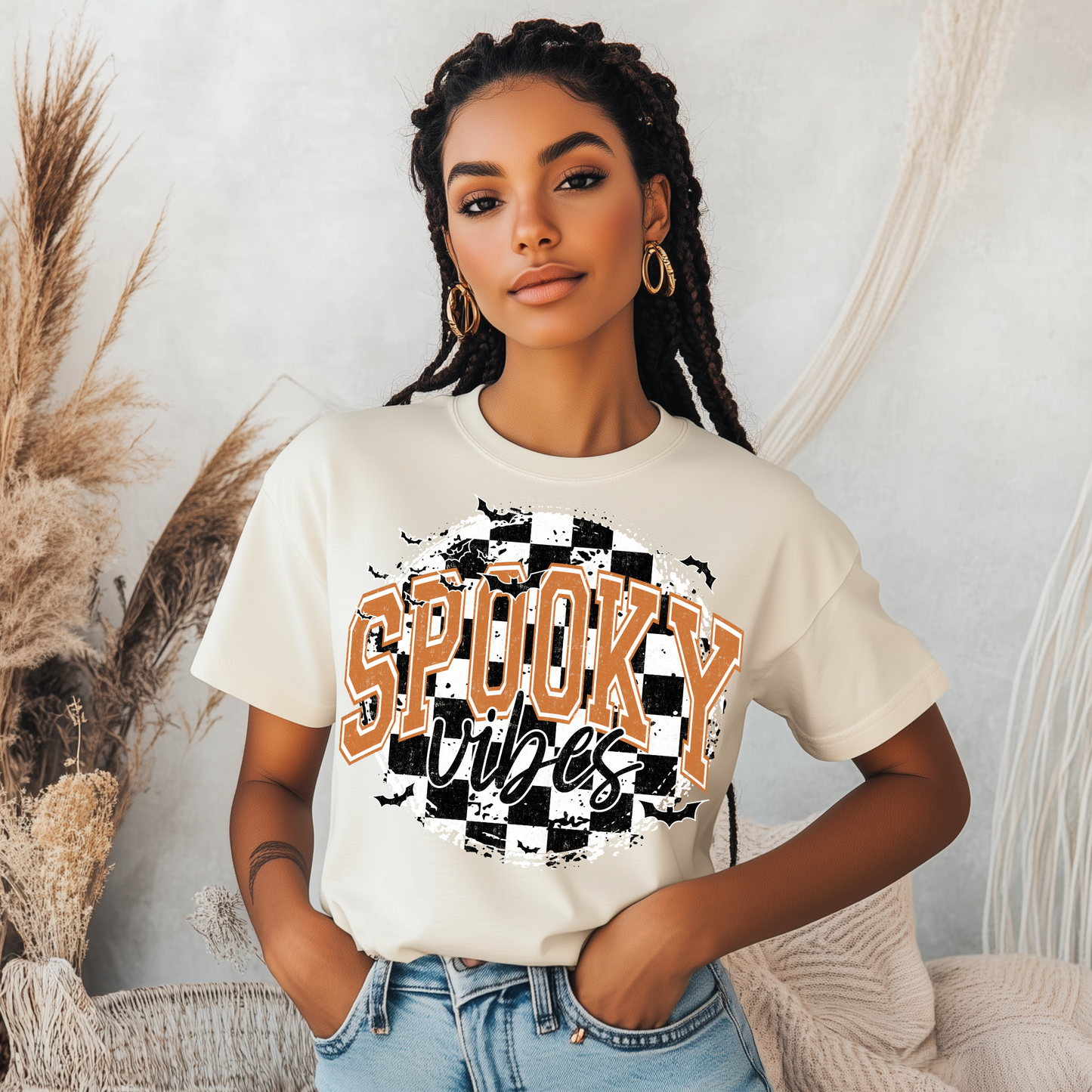 ORANGE CHECKERED SPOOKY VIBES  - DTF TRANSFER