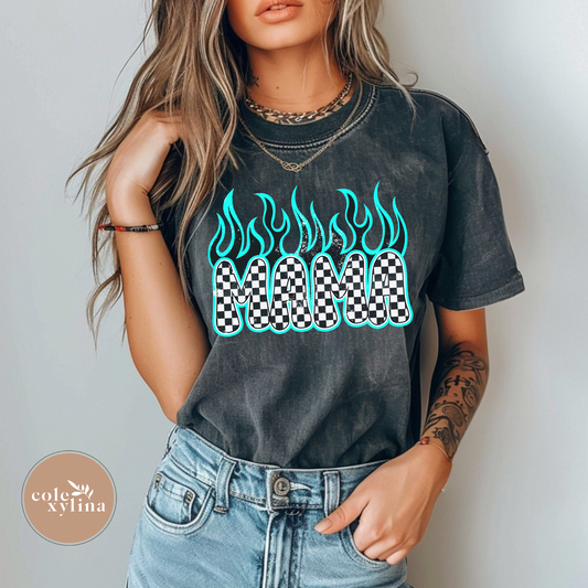 CHECKERED MAMA TEAL FLAMES - DTF TRANSFER