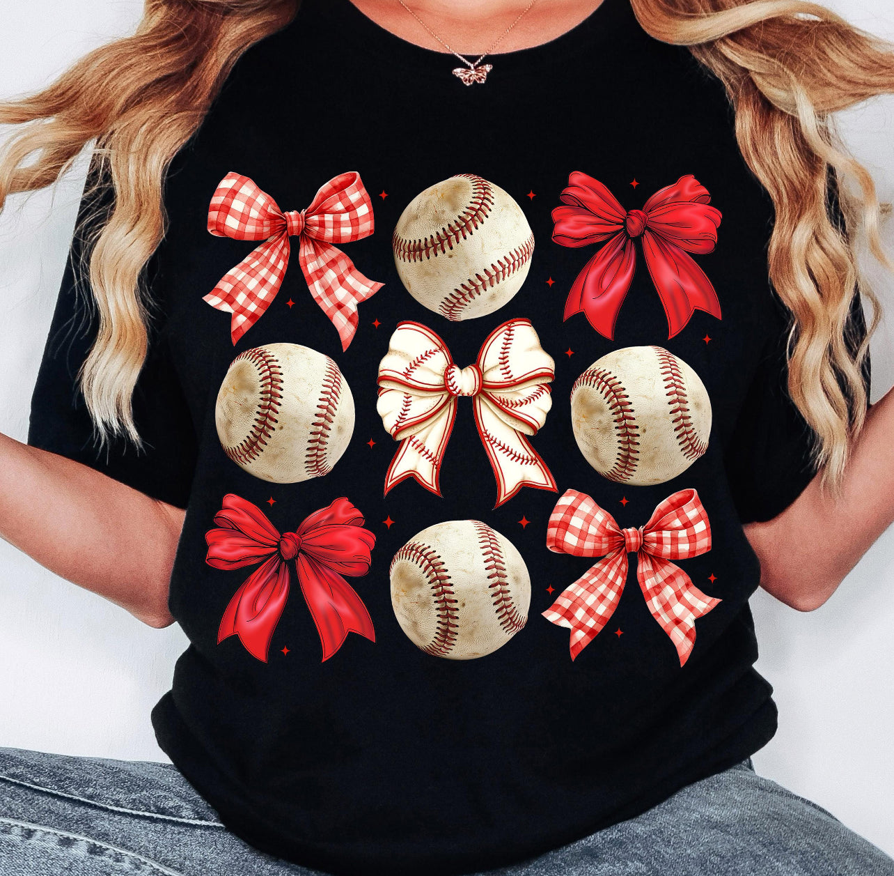 RED CHECKERED BOWS & BASEBALLS - DTF TRANSFER