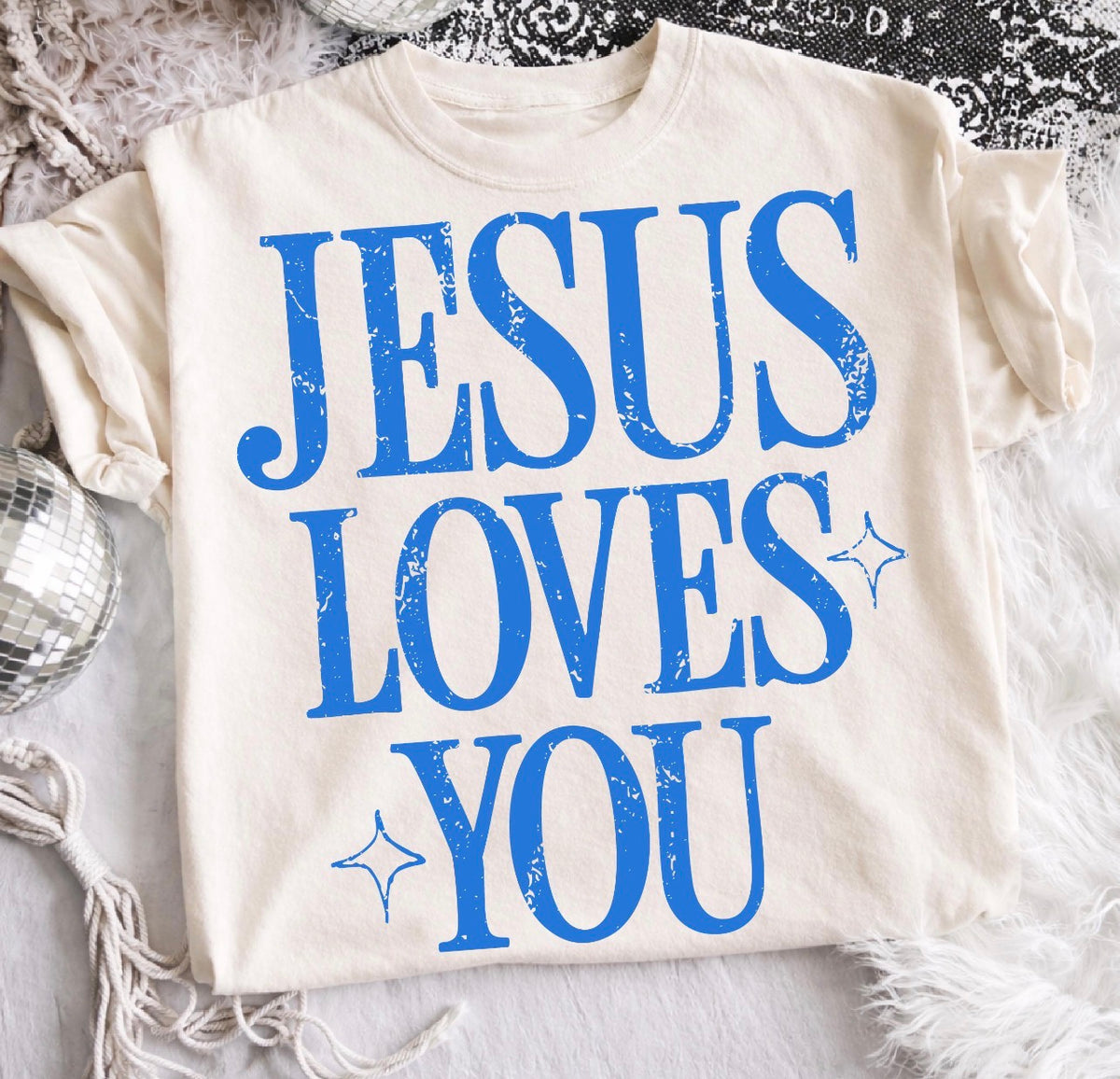 GRUNGE JESUS LOVES YOU BLUE - DTF TRANSFER