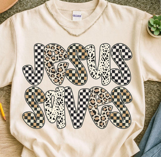 CHECKERED LEOPARD JESUS SAVES - DTF TRANSFER