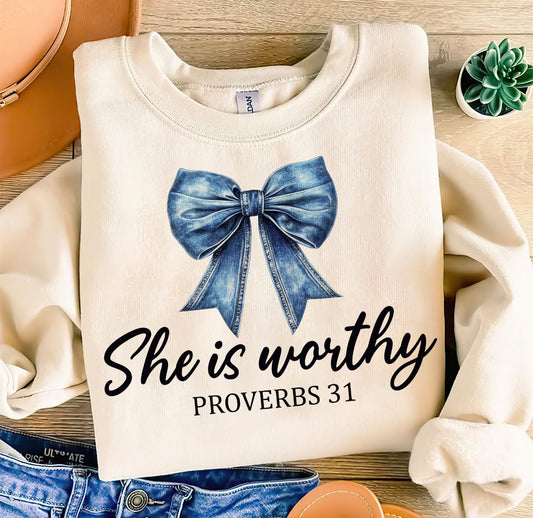 DENIM COQUETTE SHE IS WORTHY - DTF TRANSFER