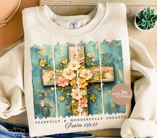 LIGHT FLORAL CROSS PSALMS 139:14 - DTF TRANSFER