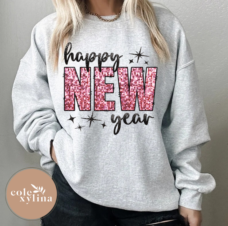 HAPPY NEW YEAR PINK FAUX GLITTER - DTF TRANSFER