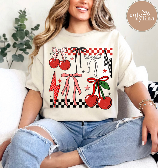 CHECKERED CHERRIES AND BOWS - DTF TRANSFER