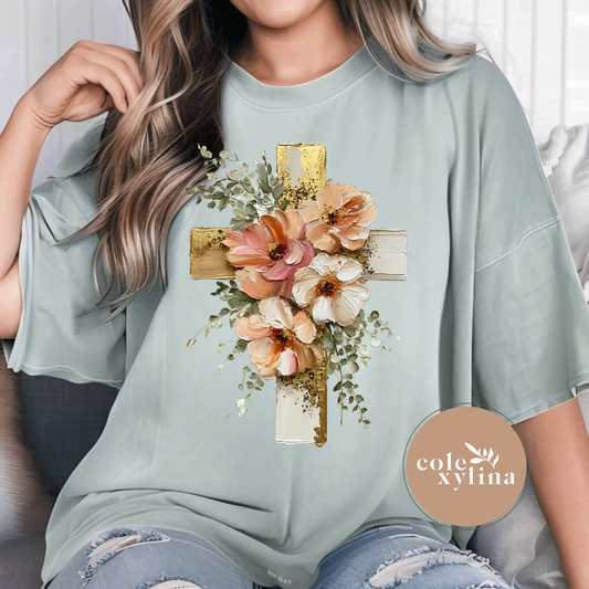 FLORAL GOLD CROSS - DTF TRANSFER