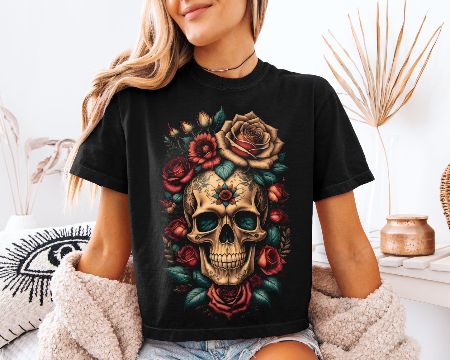 HALF TONE FLORAL SKULL - DTF TRANSFER