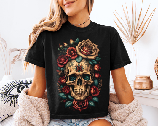 HALF TONE FLORAL SKULL - DTF TRANSFER