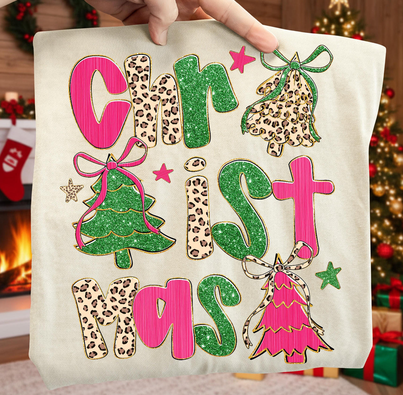 FAUX GLITTER LEOPARD CHRISTMAS - DTF TRANSFER