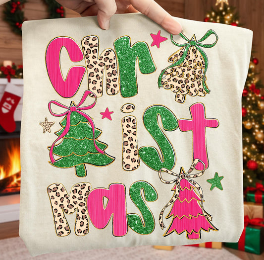 FAUX GLITTER LEOPARD CHRISTMAS - DTF TRANSFER