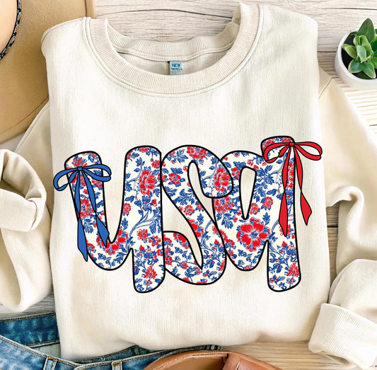 RED BLUE FLORAL USA - DTF TRANSFER