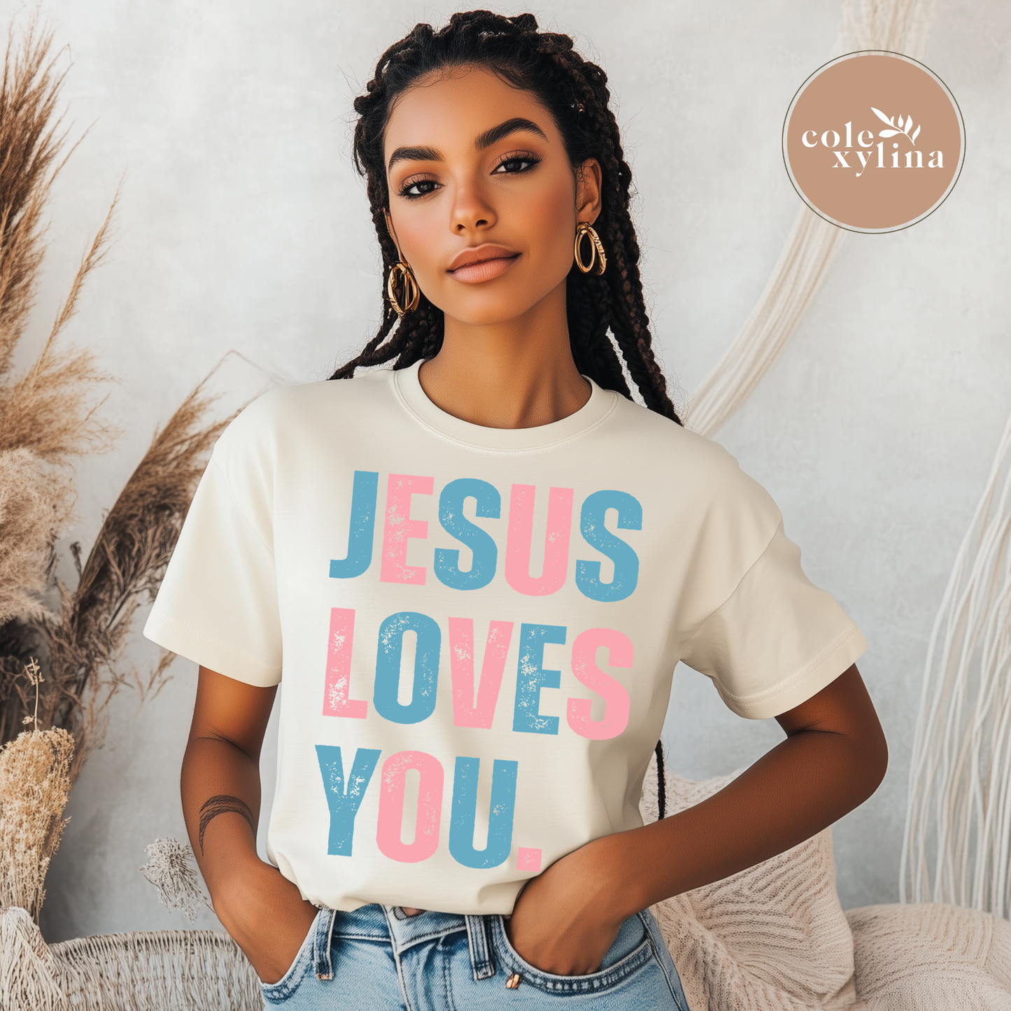 GRUNGE JESUS LOVES YOU PINK & BLUE - DTF TRANSFER