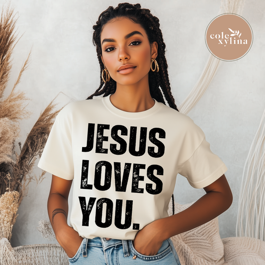 GRUNGE JESUS LOVES YOU BLACK - DTF TRANSFER